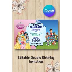 Twin Disney Princess and Paw Patrol Birthday Invitation | Canva Template